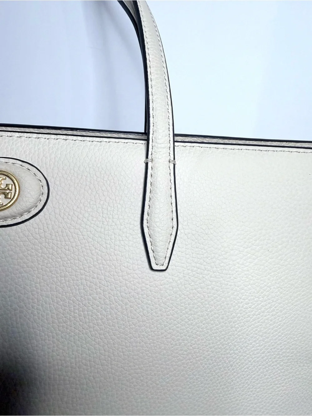 Tory Burch Ivory Pebbled Leather Large Tote Shoulder Bag Gold Logo